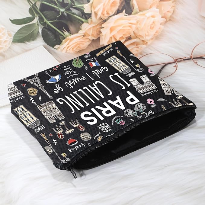 POFULL Paris Themed Gifts Paris Is Calling And I Must Go Cosmetic Bag Paris Lover Gift (Paris Is Calling black Bag)