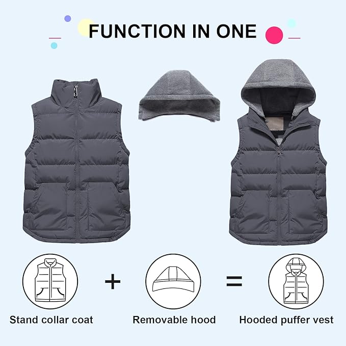 Pursky Girl's and Boy's Warm Puffer Vest Coat Water Resistant Sleeveless Jacket With Detachable Hood for 6-14Y