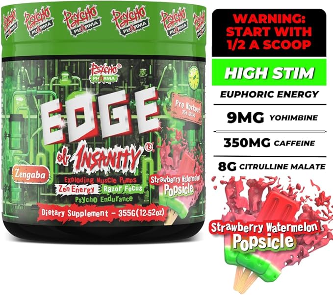 Psycho Pharma Strongest High Stim Preworkout Powder - Edge of Insanity - Most Intense Pre Workout Supplement for Pumps, Strength, Energy and Feel Good Focus. Rivals Famous PWOs of The Past