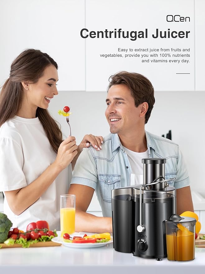 QCen Qcen Juicer Machine, 500W Centrifugal Juicer Extractor with Wide Mouth 3'' Feed Chute for Fruit Vegetable, Easy to Clean, Stainless Steel, BPA-free (Metallic Black)