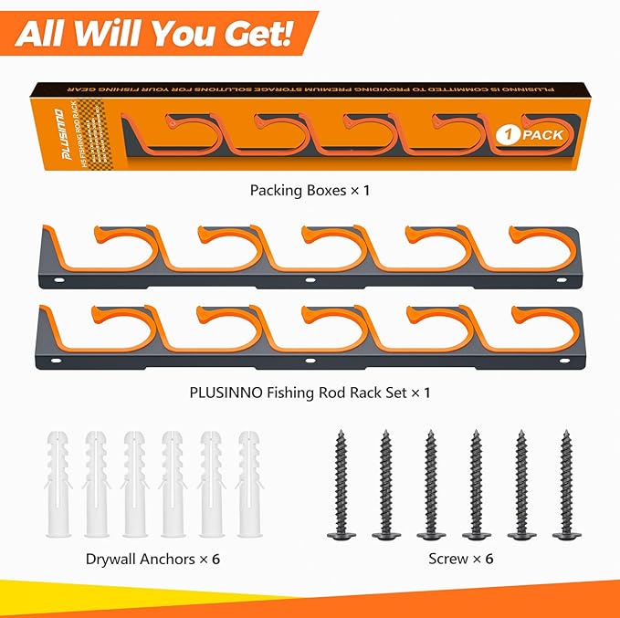 PLUSINNO H5 Horizontal Fishing Rod/Pole Holders for Garage, Wall or Ceiling Mounted Fishing Rod Rack, Aviation Aluminum Fishing Holder Holds up to 5/10/20 Rod or Combos or Nets Storage Racks