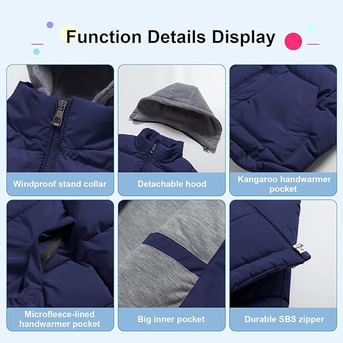 Pursky Girl's and Boy's Warm Puffer Vest Coat Water Resistant Sleeveless Jacket With Detachable Hood for 6-14Y