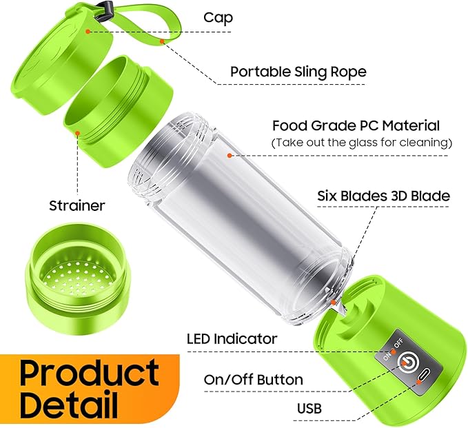 Personal Blender for Shakes and Smoothies - 2025 Upgraded 14 Oz Portable Blender with 6 Blades, Cordless & Type-C USB Rechargeable, BAP Free Juice Cup Freshly Squeezed for Picnic/Sprots