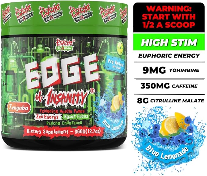 Psycho Pharma Strongest High Stim Preworkout Powder - Edge of Insanity - Most Intense Pre Workout Supplement for Pumps, Strength, Energy and Feel Good Focus. Rivals Famous PWOs of The Past
