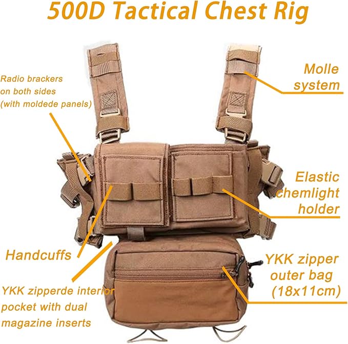Airsoft Molle Chest Rig with YKK Zipper Mag Pouches Modular Micro Tactical 500D Nylon Vest for Hunting Training Cosplay