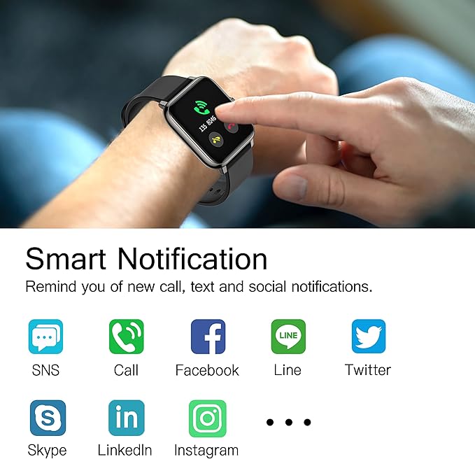 Popglory Smart Watch, Smartwatch with Blood Pressure, Blood Oxygen Monitor, Fitness Tracker with Heart Rate Monitor, Full Touch Fitness Watch for Android & iOS for Men Women (Black)