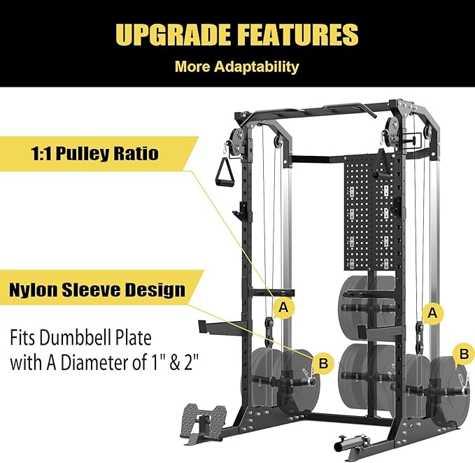 Multi-Function Power Cage, Power Rack with Dual Independent Pulley System, 2000LB Capacity Workout Cage with Adjustable Cable Crossover System and Training Attachment, Squat Rack for Home Gym