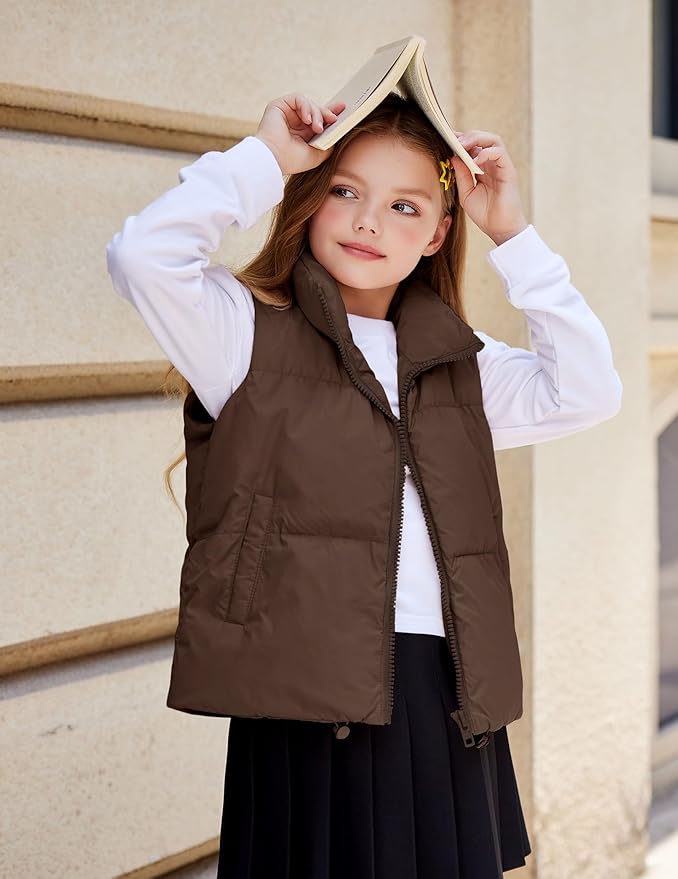 Arshiner Girls Winter Zipper Puffer Vest Lightweight Sleeveless Outwear Puffy Vests for 5-12 Years Old