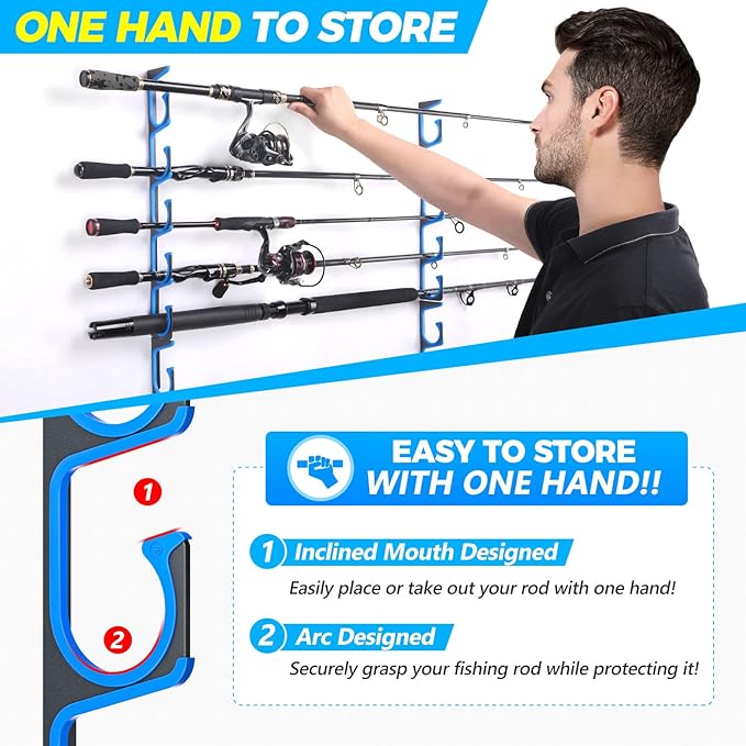 PLUSINNO H5 Horizontal Fishing Rod/Pole Holders for Garage, Wall or Ceiling Mounted Fishing Rod Rack, Aviation Aluminum Fishing Holder Holds up to 5/10/20 Rod or Combos or Nets Storage Racks