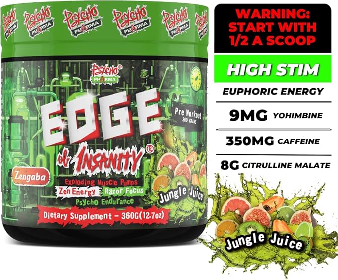 Psycho Pharma Strongest High Stim Preworkout Powder - Edge of Insanity - Most Intense Pre Workout Supplement for Pumps, Strength, Energy and Feel Good Focus. Rivals Famous PWOs of The Past