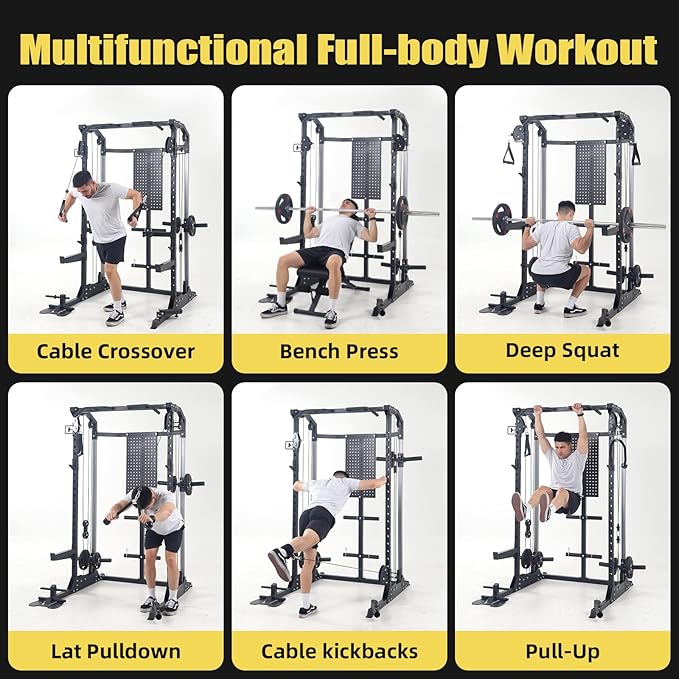Multi-Function Power Cage, Power Rack with Dual Independent Pulley System, 2000LB Capacity Workout Cage with Adjustable Cable Crossover System and Training Attachment, Squat Rack for Home Gym