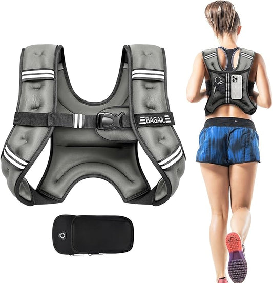 BAGAIL Weighted Vest, 5lbs/10lbs/12lbs/15lbs/20lbs/25lbs/30lbs Weight Vest with Detachable Phone Pouch, Rucking Vest for Women, Men, Walking, Weight Loss, Training, Running