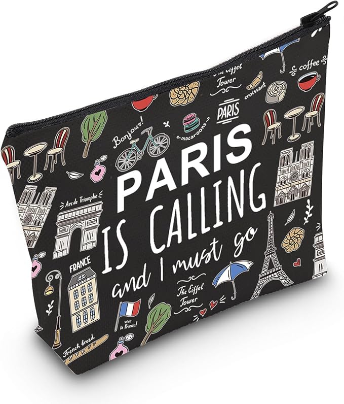POFULL Paris Themed Gifts Paris Is Calling And I Must Go Cosmetic Bag Paris Lover Gift (Paris Is Calling black Bag)