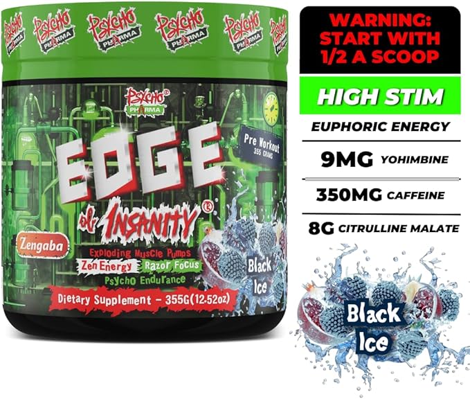 Psycho Pharma Strongest High Stim Preworkout Powder - Edge of Insanity - Most Intense Pre Workout Supplement for Pumps, Strength, Energy and Feel Good Focus. Rivals Famous PWOs of The Past