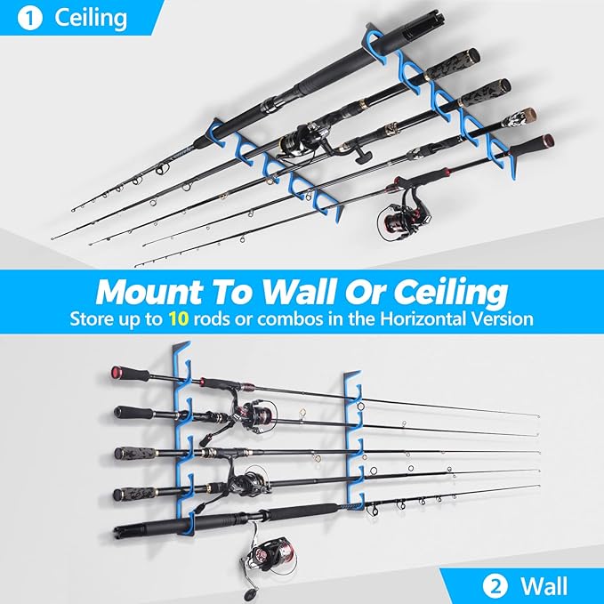 PLUSINNO H5 Horizontal Fishing Rod/Pole Holders for Garage, Wall or Ceiling Mounted Fishing Rod Rack, Aviation Aluminum Fishing Holder Holds up to 5/10/20 Rod or Combos or Nets Storage Racks