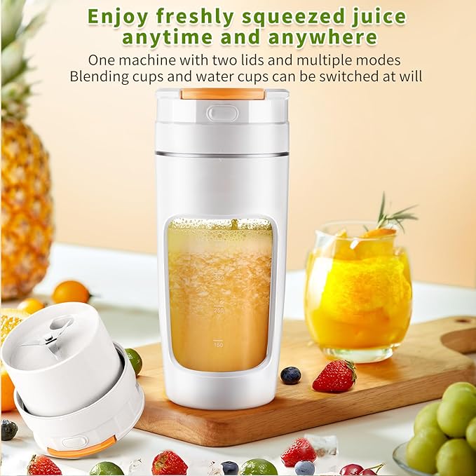 Portable Blender Cup 600ml - Large Capacity Travel Mug for Shakes, Smoothies & Juices | USB Rechargeable Personal Blender with Multi-Blade Tech & High-Power Motor (White)