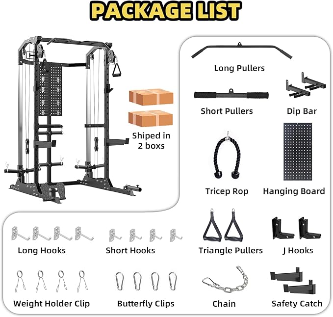 Multi-Function Power Cage, Power Rack with Dual Independent Pulley System, 2000LB Capacity Workout Cage with Adjustable Cable Crossover System and Training Attachment, Squat Rack for Home Gym