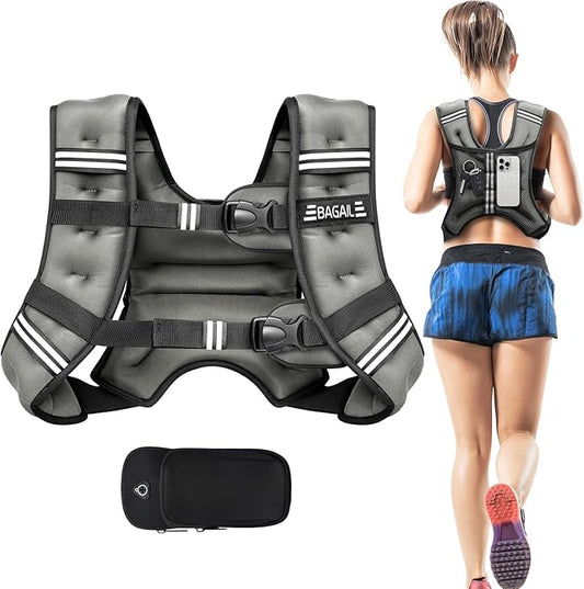 BAGAIL Weighted Vest, 5lbs/10lbs/12lbs/15lbs/20lbs/25lbs/30lbs Weight Vest with Detachable Phone Pouch, Rucking Vest for Women, Men, Walking, Weight Loss, Training, Running