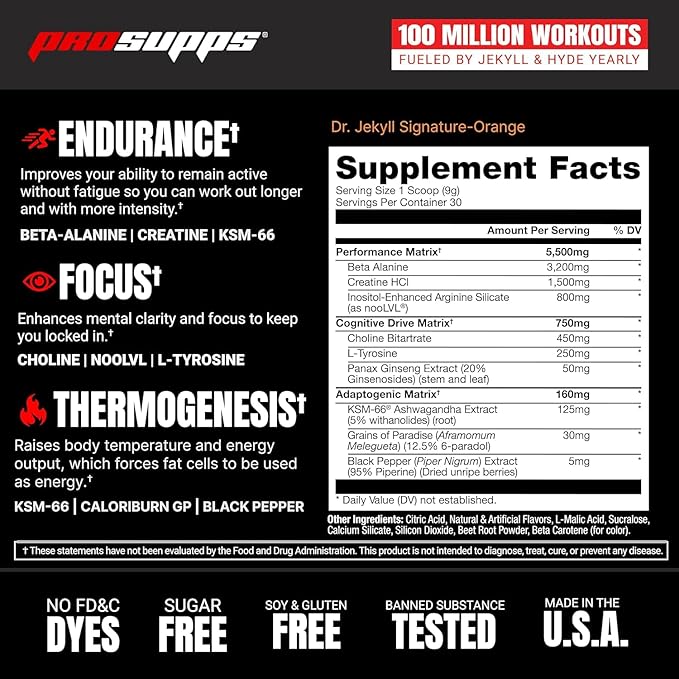PROSUPPS Dr. Jekyll Signature Pre Workout Powder with Creatine - Stim-Free Preworkout Supports Muscle Volume & Endurance - Caffeine-Free Gym & Fitness Supplements (Orange, 30 Servings)
