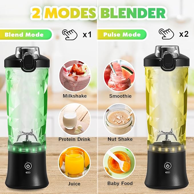 Portable Blender with Insulated Carrying Case & Recipe Book for Shakes and Smoothies, 20 OZ Personal Juicer Electric Protein Shaker Bottle, Mini Small Blender Cup with USB-C Rechargeable, Travel Lid