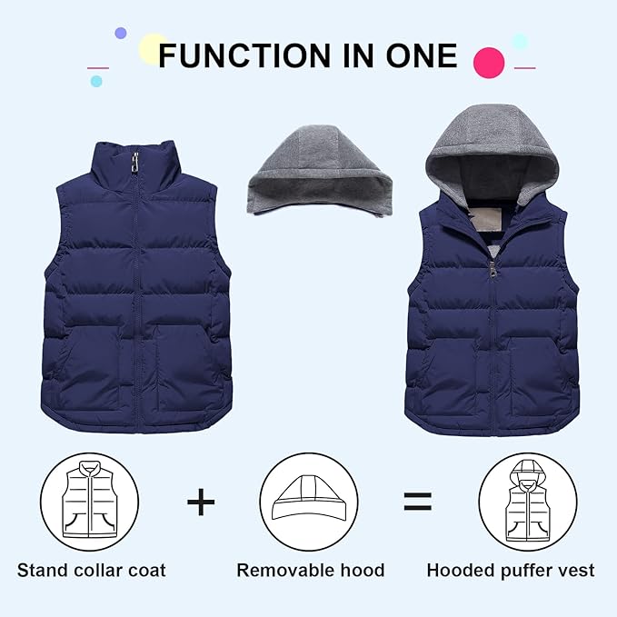 Pursky Girl's and Boy's Warm Puffer Vest Coat Water Resistant Sleeveless Jacket With Detachable Hood for 6-14Y