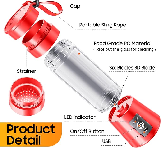 Personal Blender for Shakes and Smoothies - 2025 Upgraded 14 Oz Portable Blender with 6 Blades, Cordless & Type-C USB Rechargeable, BAP Free Juice Cup Freshly Squeezed for Picnic/Sprots