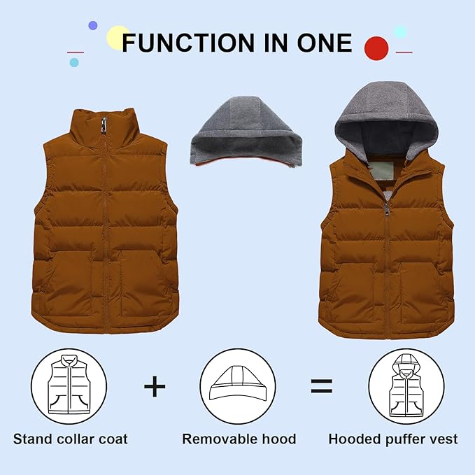 Pursky Girl's and Boy's Warm Puffer Vest Coat Water Resistant Sleeveless Jacket With Detachable Hood for 6-14Y