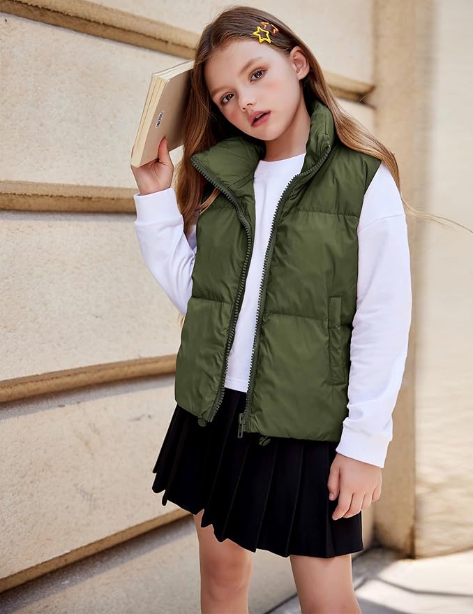 Arshiner Girls Winter Zipper Puffer Vest Lightweight Sleeveless Outwear Puffy Vests for 5-12 Years Old