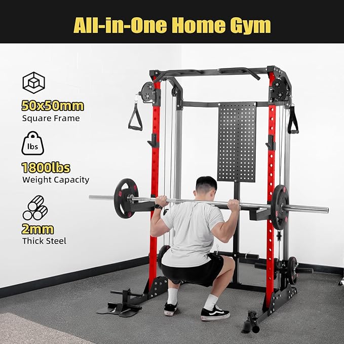 Multi-Function Power Cage, Power Rack with Dual Independent Pulley System, 2000LB Capacity Workout Cage with Adjustable Cable Crossover System and Training Attachment, Squat Rack for Home Gym
