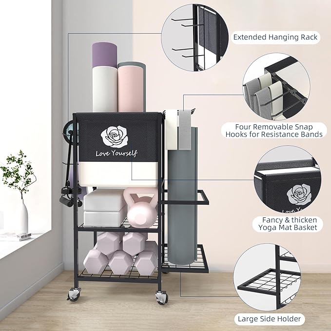 Yoga Mat Storage Rack,Home Gym Storage Rack Gym Workout Equipment Storage Organizer Fitness Weight Rack on Wheels for Yoga Mat,Yoga Block,Foam Roller,Resistance Band,Dumbbell,Kettlebell and Other Workout Accessories
