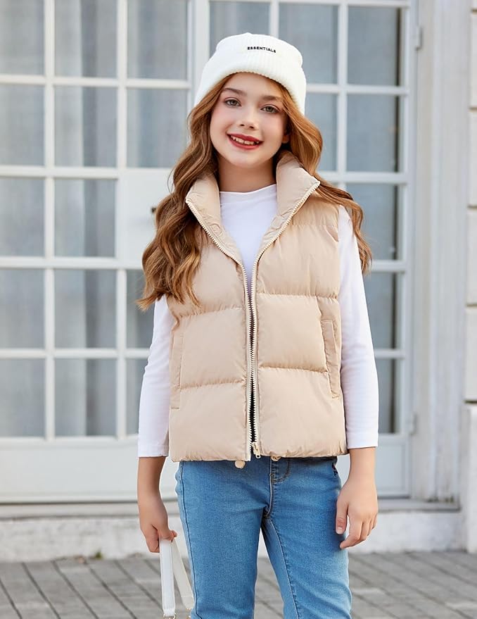Arshiner Girls Winter Zipper Puffer Vest Lightweight Sleeveless Outwear Puffy Vests for 5-12 Years Old