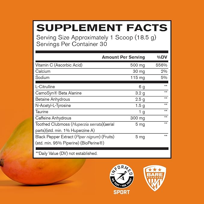BARE PERFORMANCE NUTRITION BPN Flight Pre Workout, Supports Energy and Mental Focus, Improved Endurance & Muscle Pumps with CarnoSyn® Beta Alanine, Mango, 30 Servings