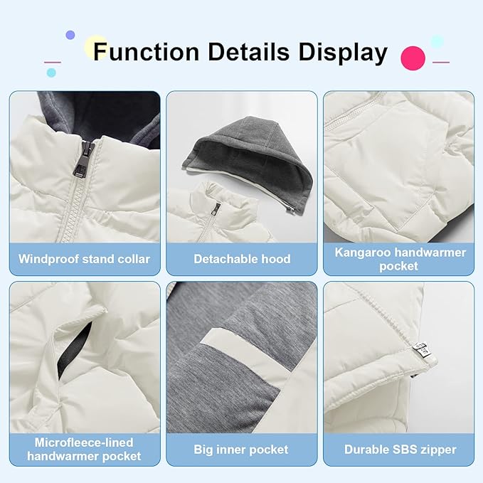 Pursky Girl's and Boy's Warm Puffer Vest Coat Water Resistant Sleeveless Jacket With Detachable Hood for 6-14Y