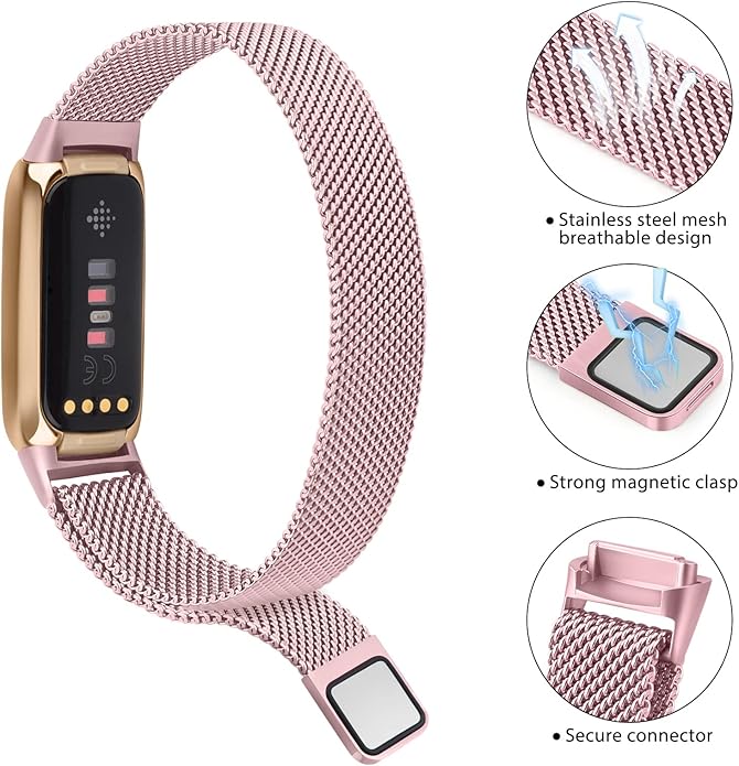 Amzpas Metal Band Compatible with Fitbit Luxe Bands for Women Men, Stainless Steel Mesh Loop Wristband Replacement Strap for Fitbit Luxe/Luxe Special Edition Fitness Tracker