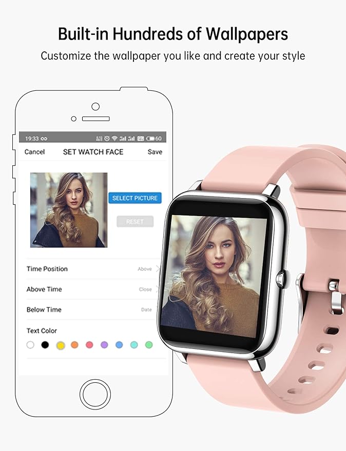 Popglory Smart Watch, Smartwatch with Blood Pressure, Blood Oxygen Monitor, Fitness Tracker with Heart Rate Monitor, Full Touch Fitness Watch for Android & iOS for Men Women (Pink)