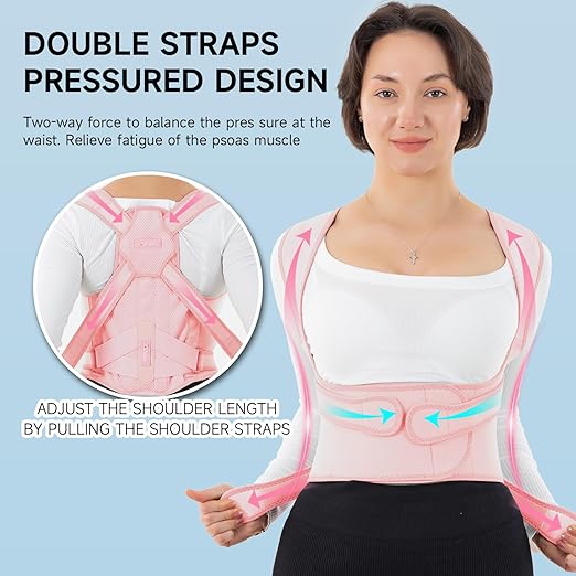 Back Brace for Posture Corrector for Women and Men with Heating Pad, Adjustable Full Back Support Brace, Back Heating Pad for Pain Relief -Hunchback, Spine Corrector (Pink, Large)