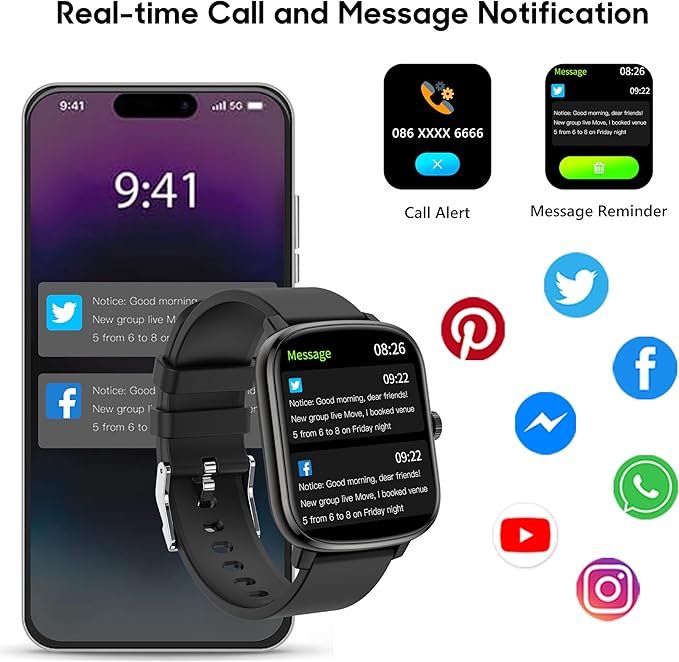 Popglory Smart Watch, 1.69'' Fitness Watch Women Men with Heart Rate, Blood Pressure, Blood Oxygen & Sleep Monitor, 110 Sports Modes Fitness Tracker, Waterproof Pedometer Compatible Android iPhone