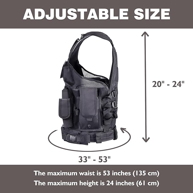 Airsoft Vest Adult Adjustable S-XXXXL, Tactical Vest for Men Lightweight Breathable 600D Nylon, Youth Combat vest for Paintball Training Black