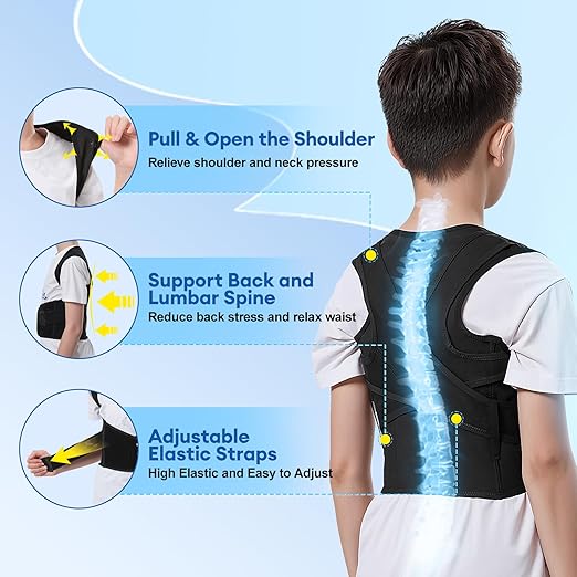Back Brace Posture Corrector for Kids, Adjustable Full Back Support, for Upper and Lower Back Pain Relief, Scoliosis, Dowagers Hump, Hunchback, Thoracic, Spine Corrector (Medium, Waist: 18''-23'')
