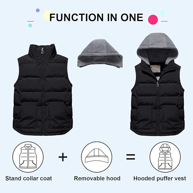 Pursky Girl's and Boy's Warm Puffer Vest Coat Water Resistant Sleeveless Jacket With Detachable Hood for 6-14Y