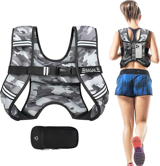BAGAIL Weighted Vest, 5lbs/10lbs/12lbs/15lbs/20lbs/25lbs/30lbs Weight Vest with Detachable Phone Pouch, Rucking Vest for Women, Men, Walking, Weight Loss, Training, Running