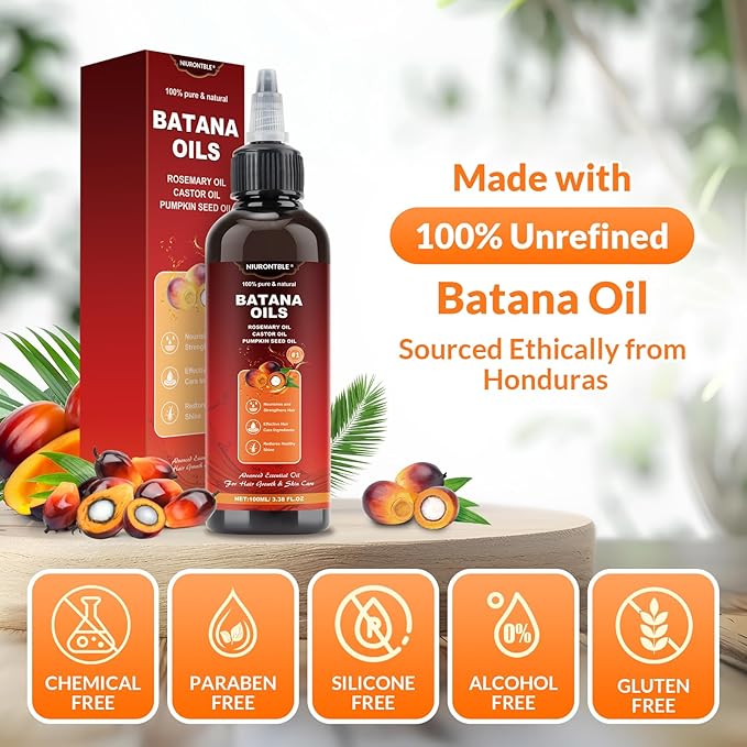 Batana Oil for Hair Growth Dr Sebi - 4-in-1 100% Pure & UnrefinedHonduran Oil with Rosemary, Castor,Nourishes, Enhances Hair Thickness, Prevents Loss, Eliminates Split Endsfor All Hair Types (100ML)