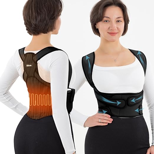 Back Brace Posture Corrector for Women and Men with Heating Pad, Adjustable Full Back Support Brace, Heating Pad for Back Pain Relief -Hunchback, Spine Corrector (Black, Medium)
