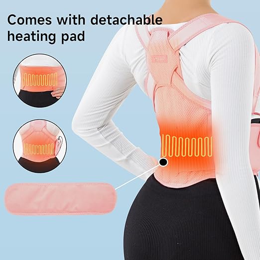 Back Brace Posture Corrector for Women and Men with Heating Pad, Adjustable Full Back Support Brace, Back Heating Pad for Pain Relief -Hunchback, Spine Corrector (Pink, Medium)