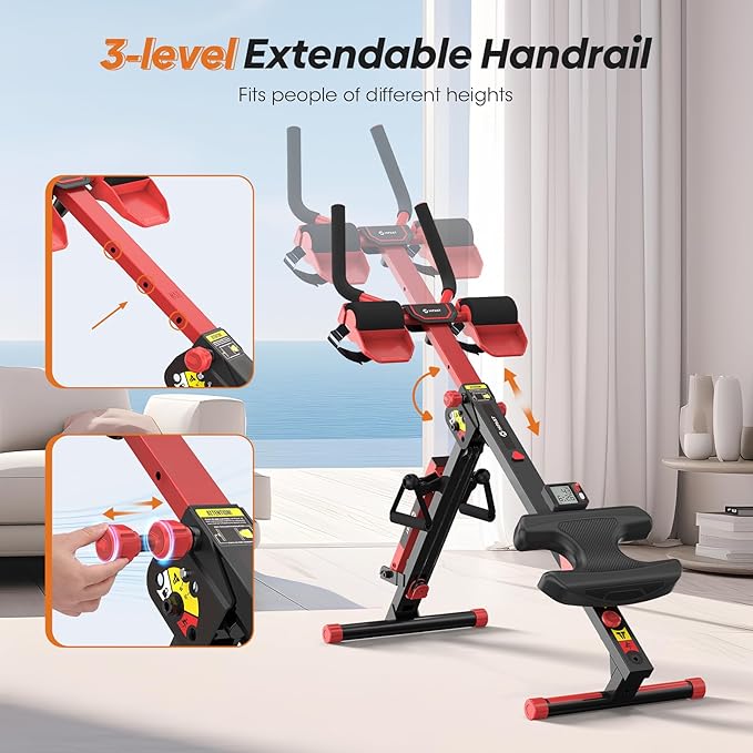 Rowing Machine, 4 in 1 Rowing and Ab Machine with 2 Levels of Workout Resistance, Quiet & Foldable Rower Machine with 3 Adjustable Handle Heights & LCD Monitor, Row Machine for Home Exercise