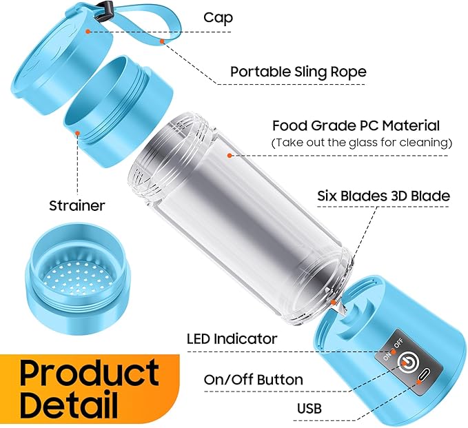 Personal Blender for Shakes and Smoothies - 2025 Upgraded 14 Oz Portable Blender with 6 Blades, Cordless & Type-C USB Rechargeable, BAP Free Juice Cup Freshly Squeezed for Picnic/Sprots