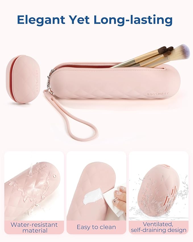 BAGSMART Travel Makeup Brush Holder Bag with Metal Zipper Closure, Travel Makeup Brush Case Cosmetic Bag, Silicone Soft Portable Face Brushes Travel Essentials Organizer Holder, Pink