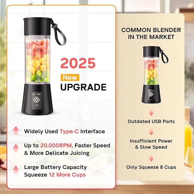 Portable Blender for Shakes and Smoothies - Newly Upgraded 14 Oz Mini Blender with 6 Blades, USB & Type-C Rechargeable, Suitable for Making Fresh Juice, Convenient for Travel and Sports