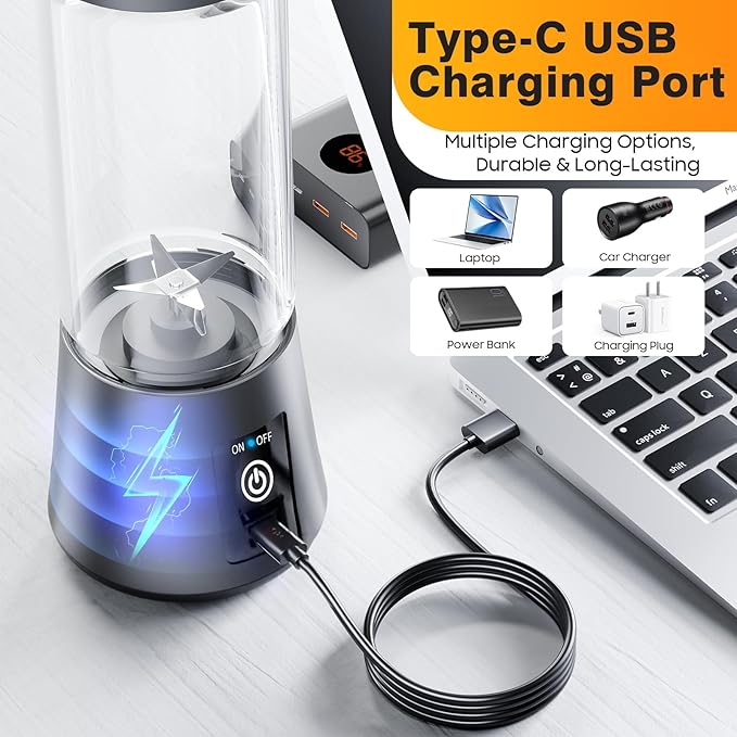 Portable Blender for Shakes and Smoothies - Newly Upgraded 14 Oz Mini Blender with 6 Blades, USB & Type-C Rechargeable, Suitable for Making Fresh Juice, Convenient for Travel and Sports