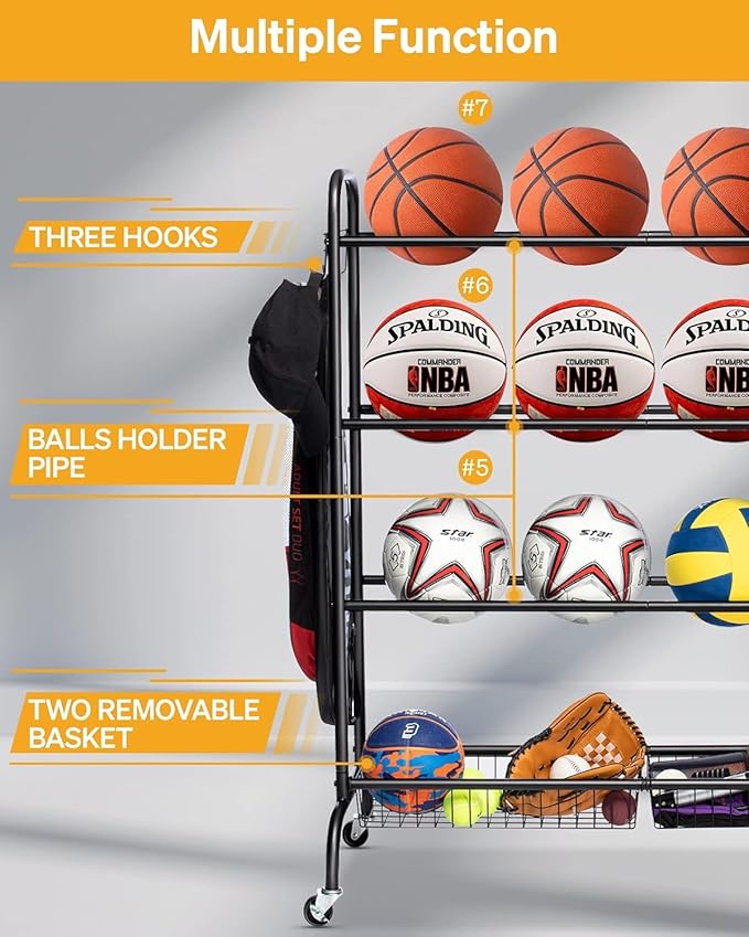 Basketball Rack, Rolling Basketball Shooting Training Stand,Sports Equipment Storage with Wheels, Four-Layer Organizer Holder with Two Basket for Basketballs Footballs Volleyball